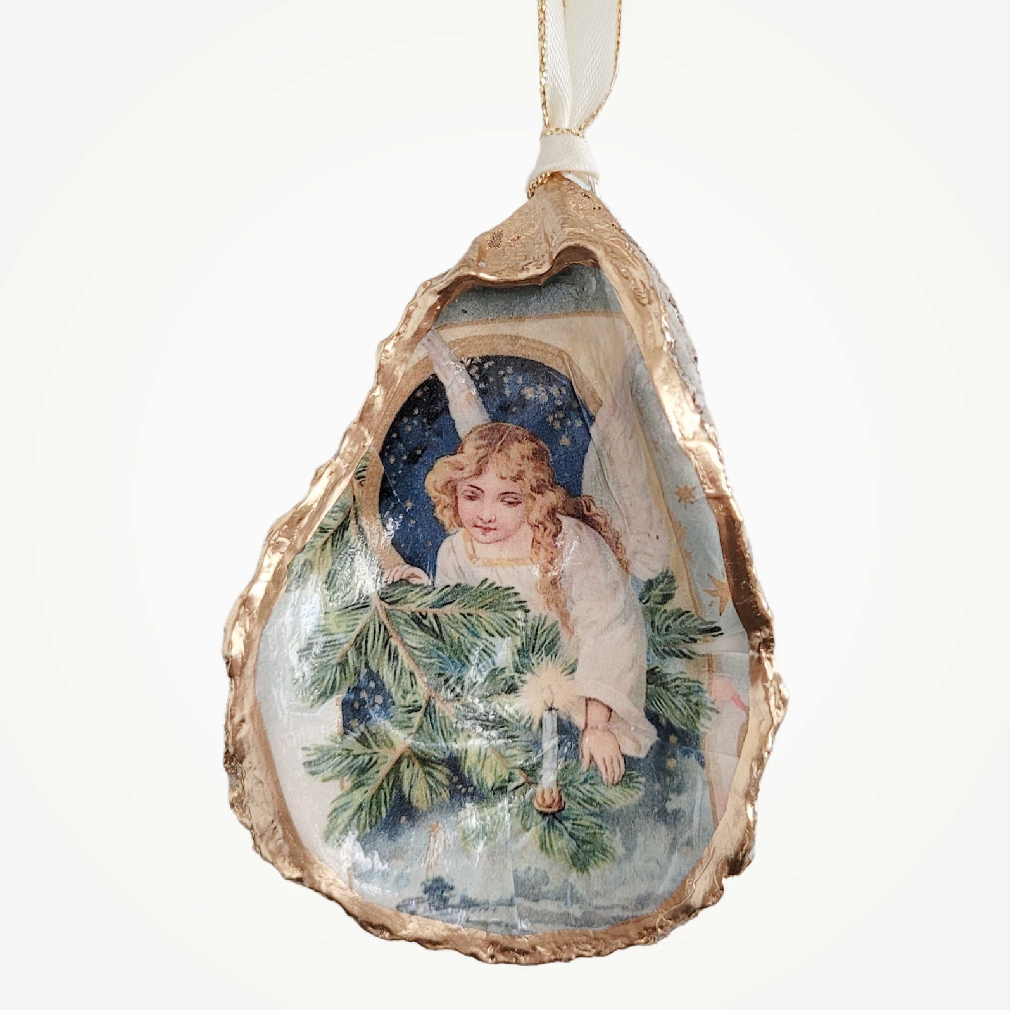 Angel with Greenery • Oyster Shell Ornament