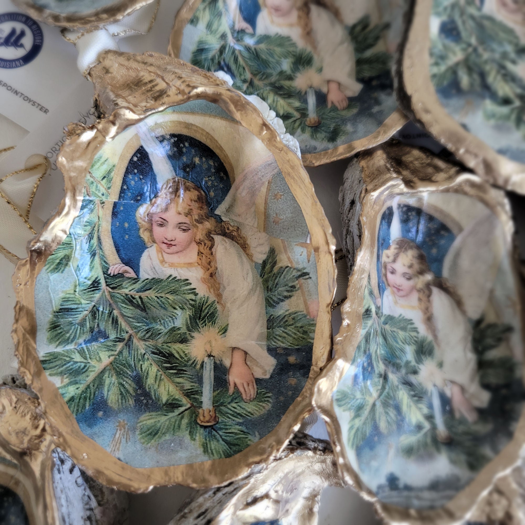 Angel with Greenery • Oyster Shell Ornament