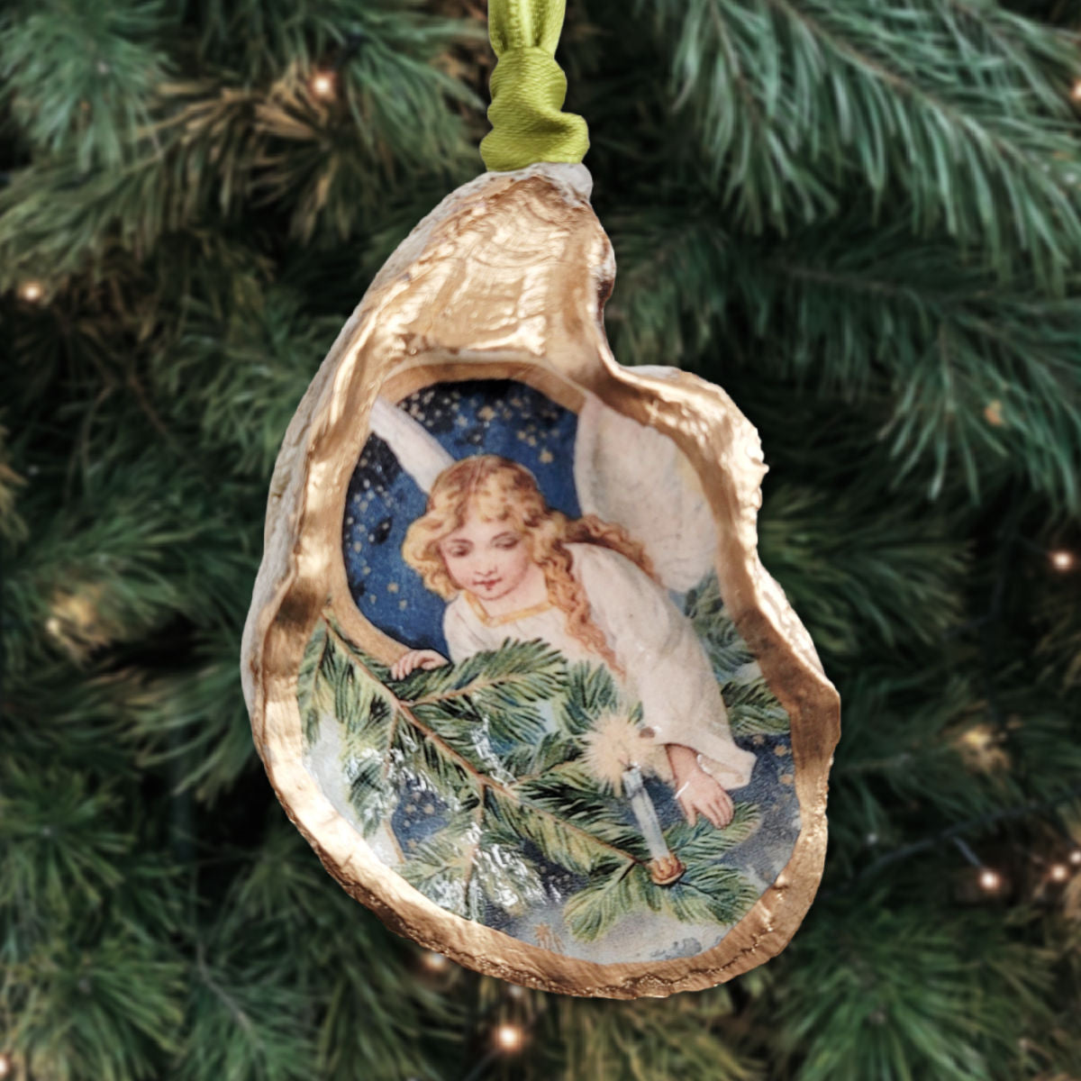 Angel with Greenery • Oyster Shell Ornament