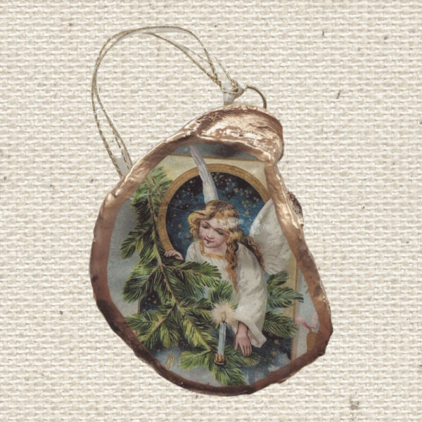 Angel with Greenery • Oyster Shell Ornament