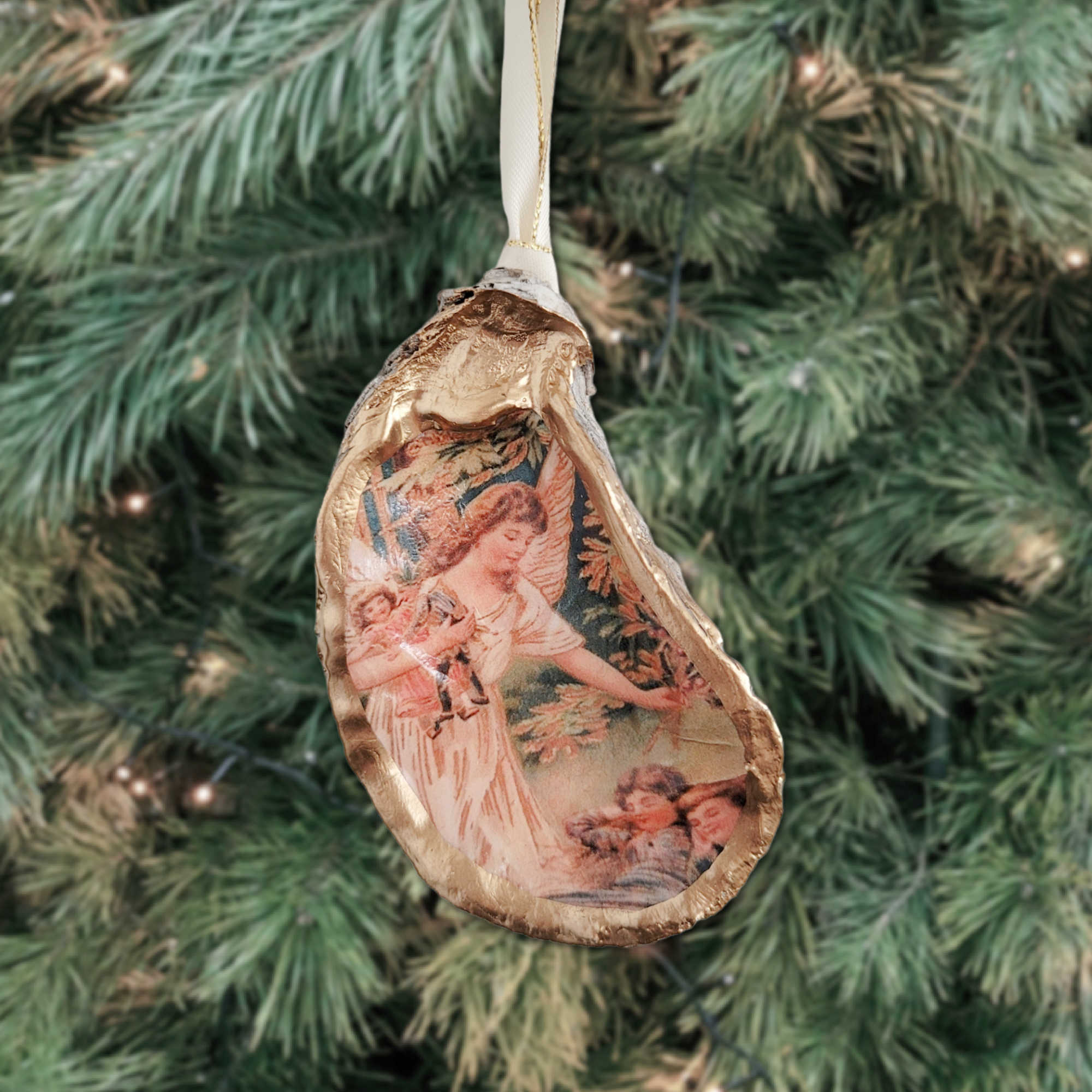 Angel Bearing Gifts • Oyster Shell Ornament