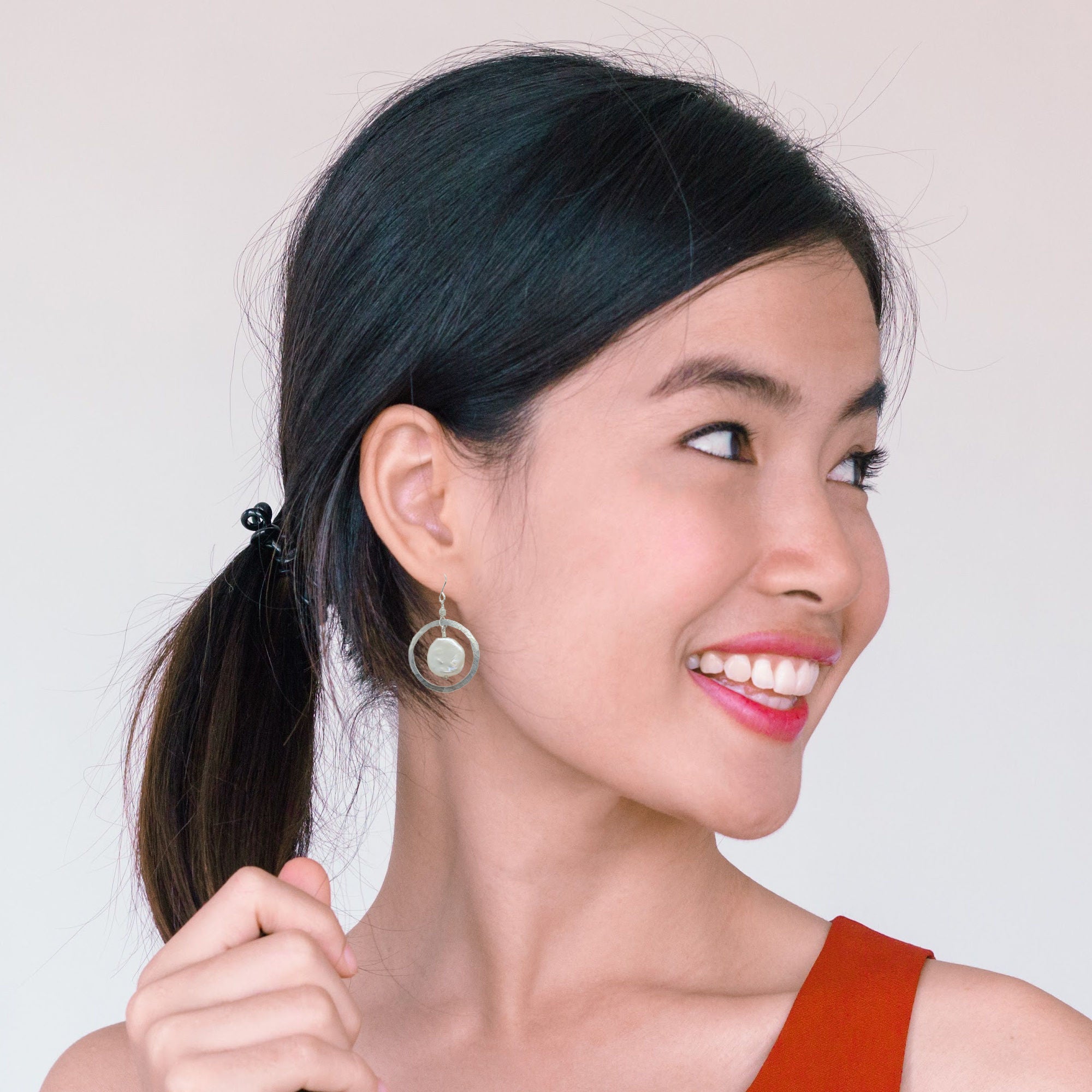 Organic Hoop Earrings • Choice of Coin Pearl