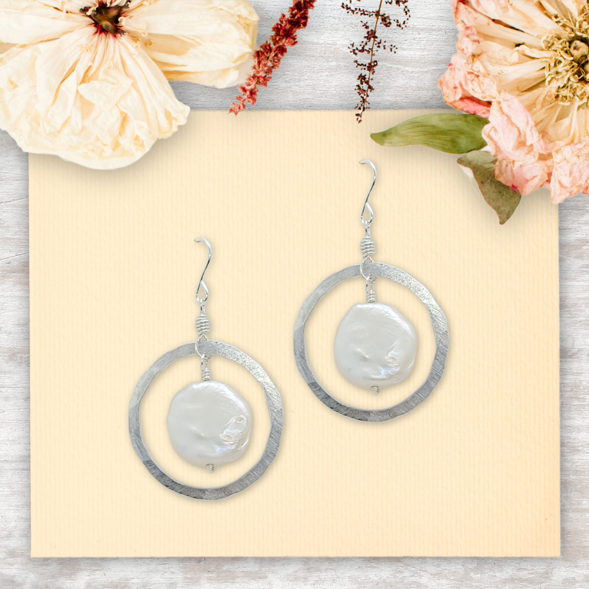 Organic Hoop Earrings • Choice of Coin Pearl