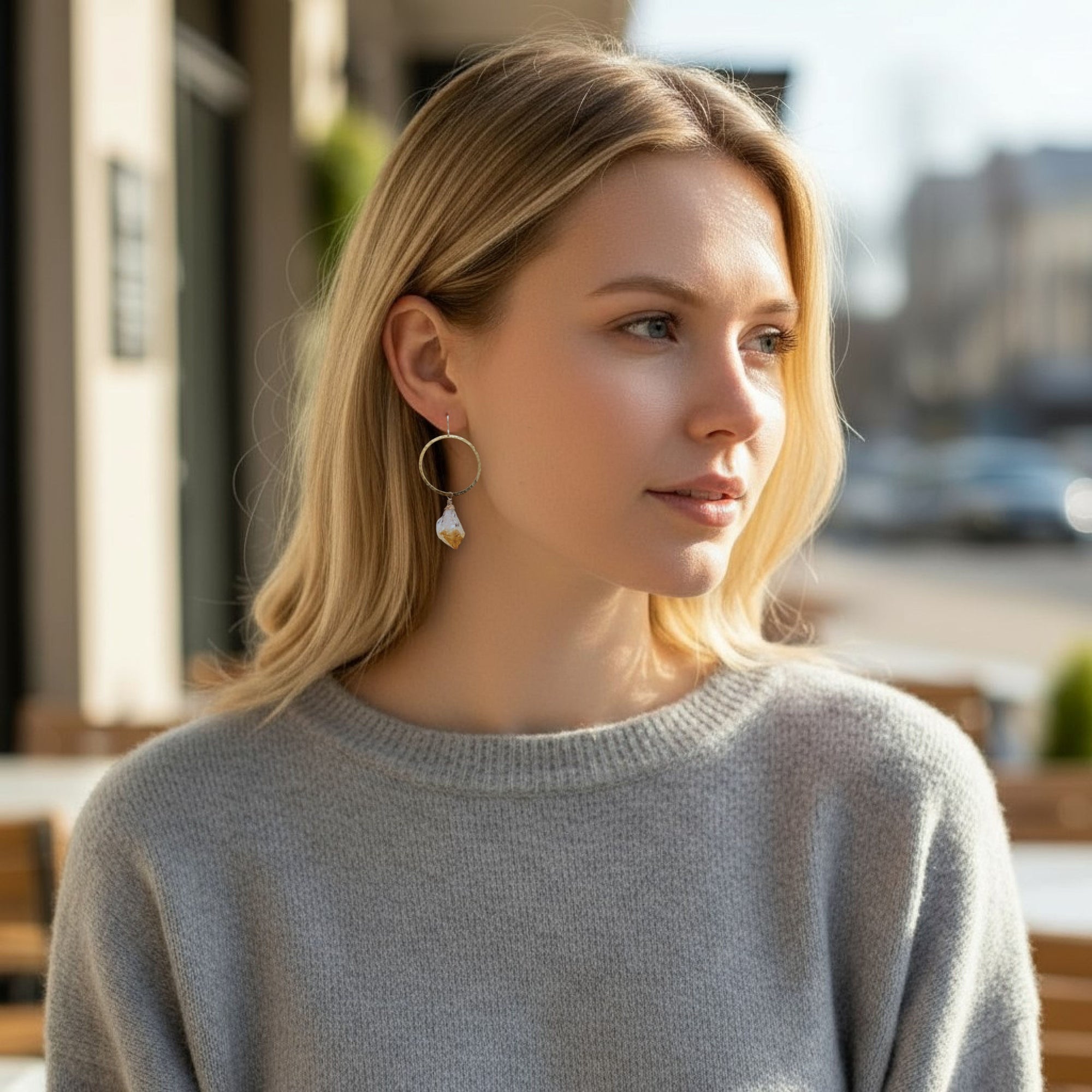 Gold Hoop Earrings • Citrine