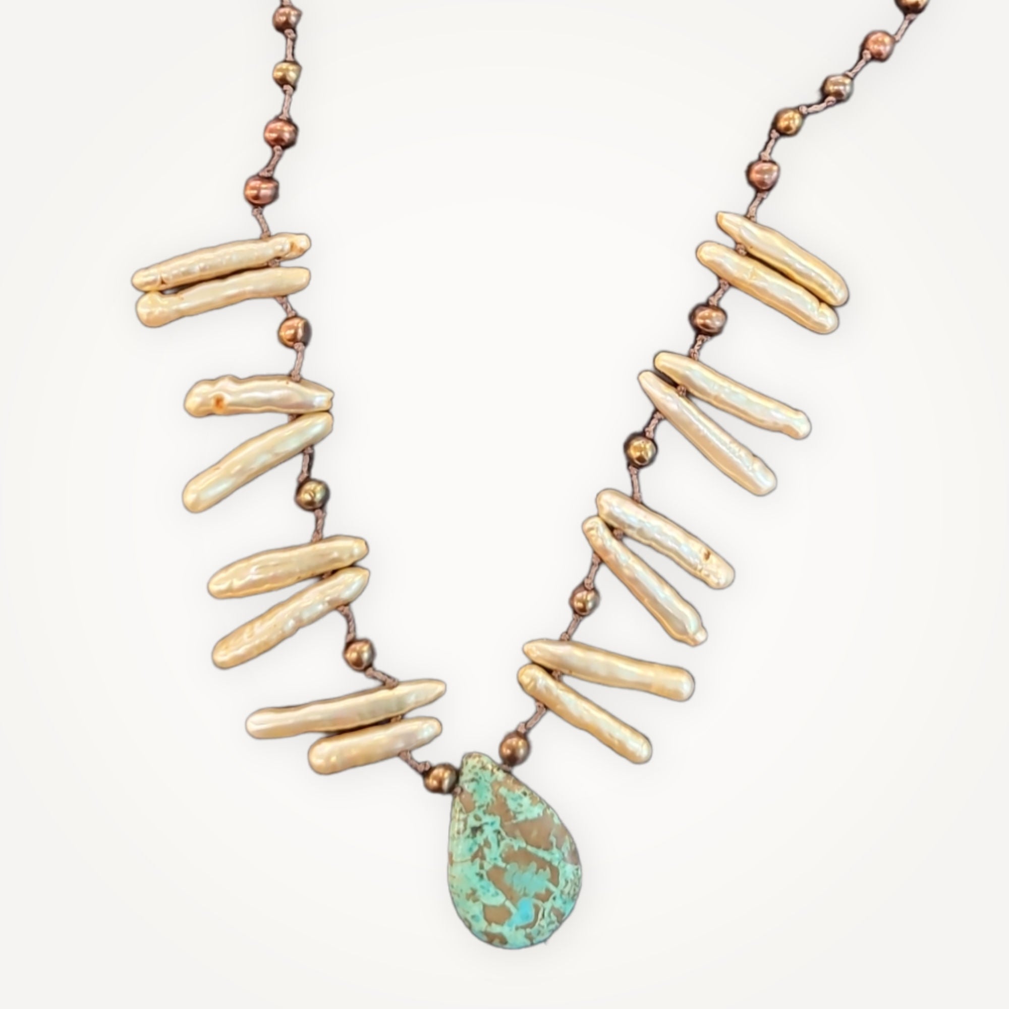 Biwa + Turquoise • Freshwater Pearl Necklace