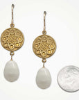 Petite Medallion Earrings •  Teardrop Pearl