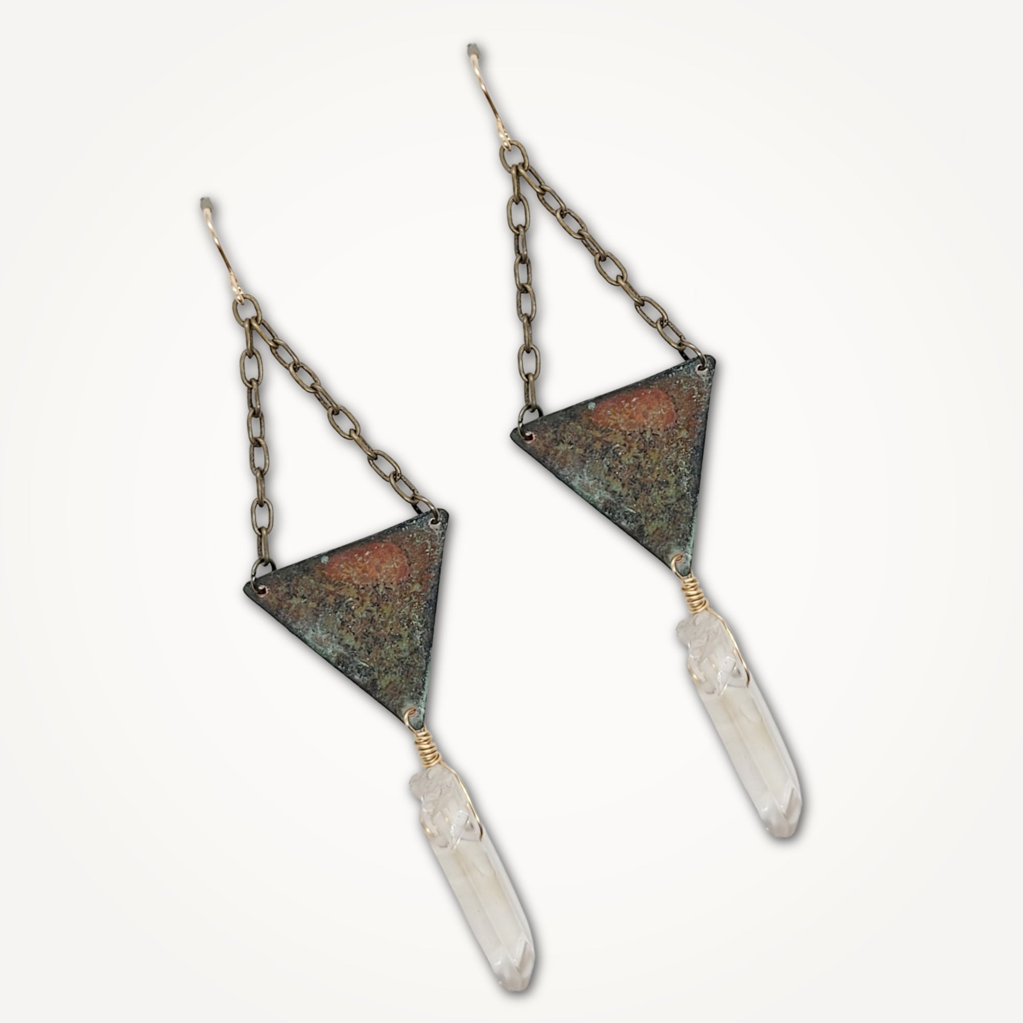 Patina Triangle Earrings • Quartz Point