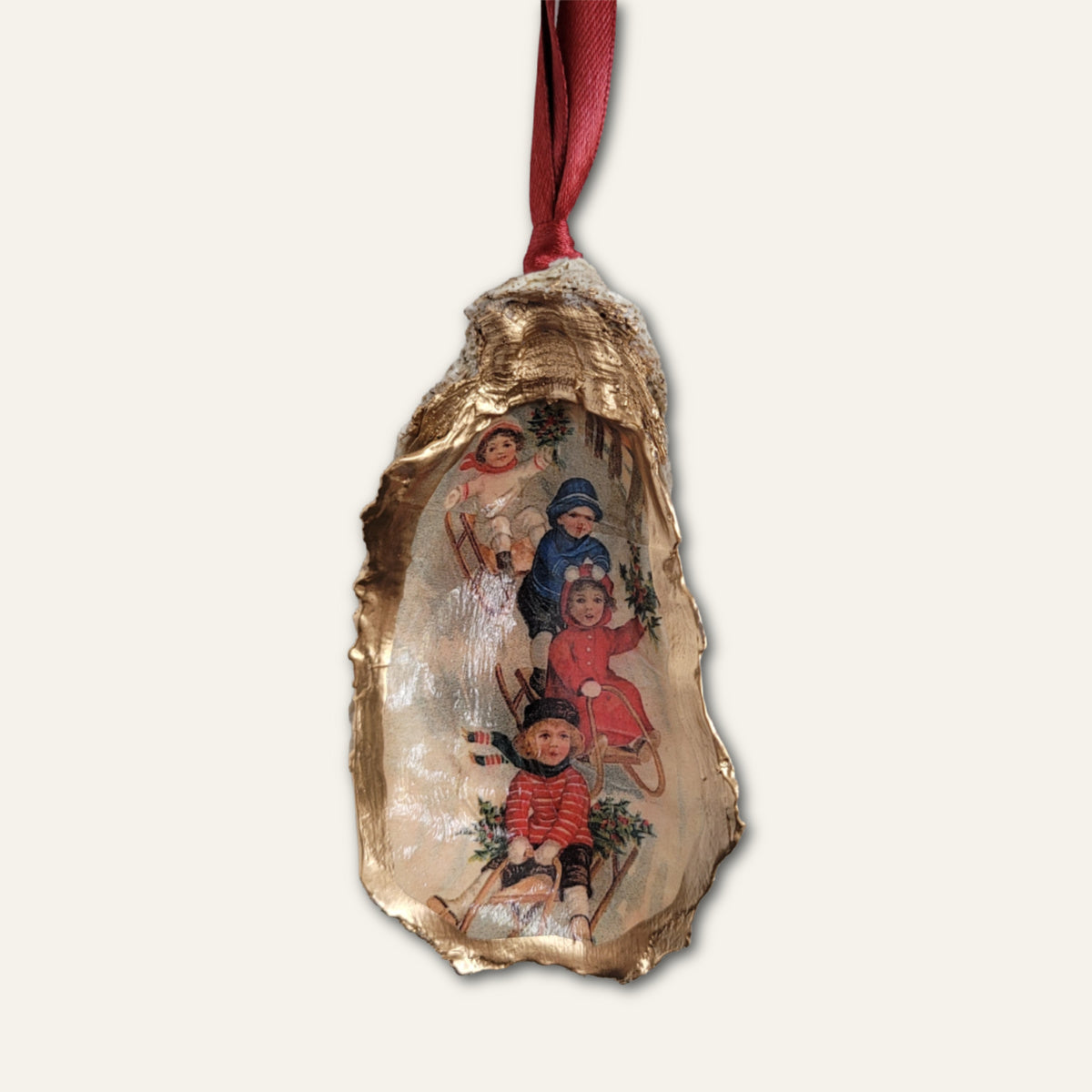 Sledding Christmas Ornament • Oyster Shell