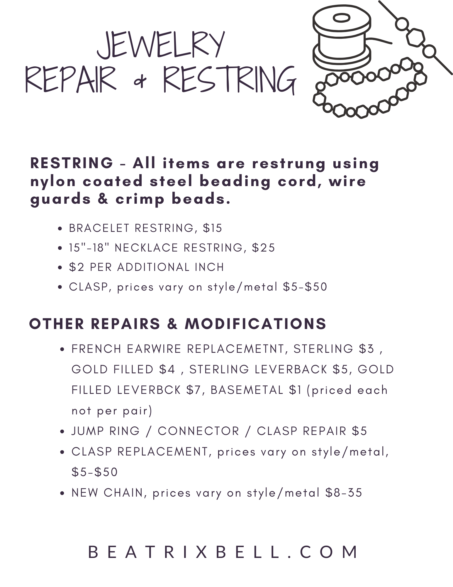 Price Menu for Repairs & Restrings