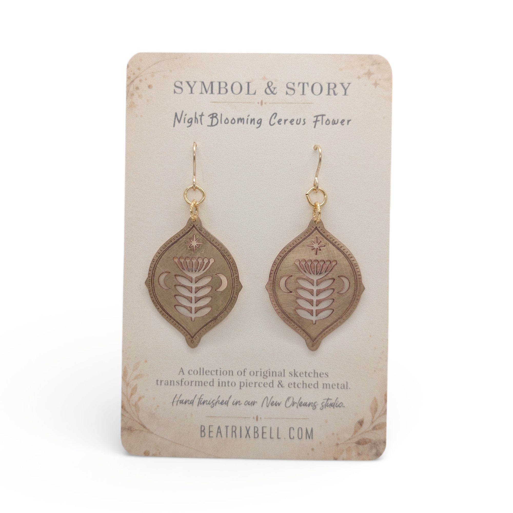 Handmade night blooming cereus flower earrings botanical jewelry crafted in New Orleans