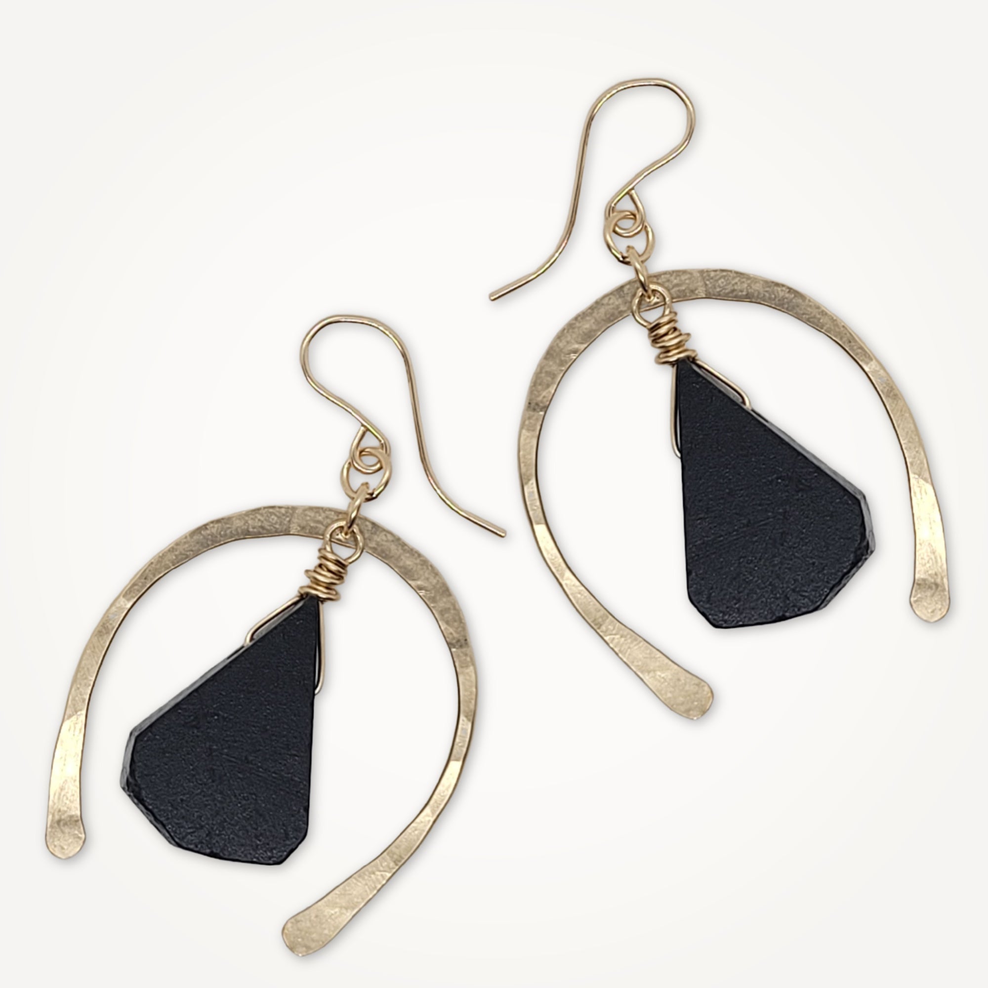 Black Tourmaline Arch Hammered Earrings
