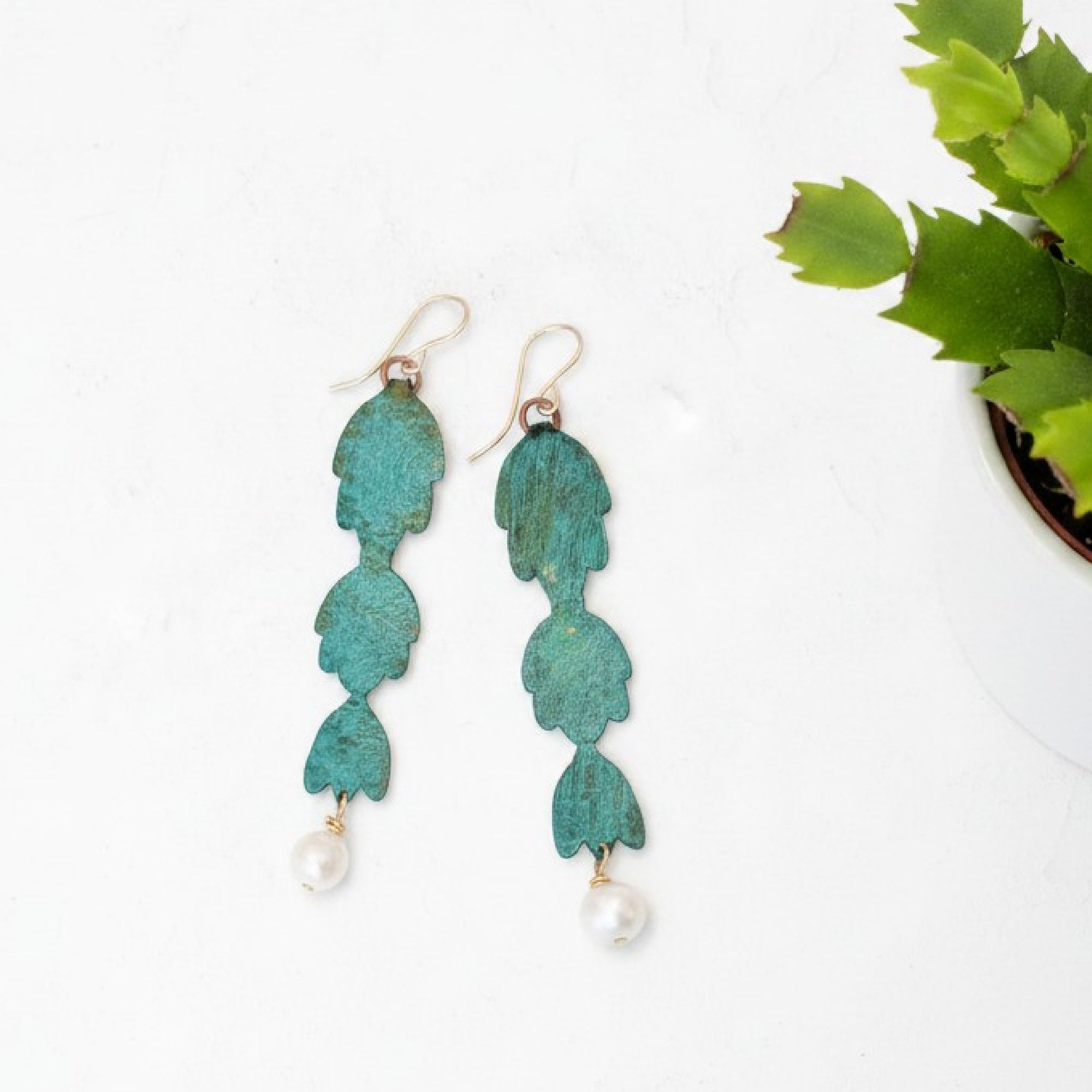 Cactus &amp; Pearl Hand Painted Earrings