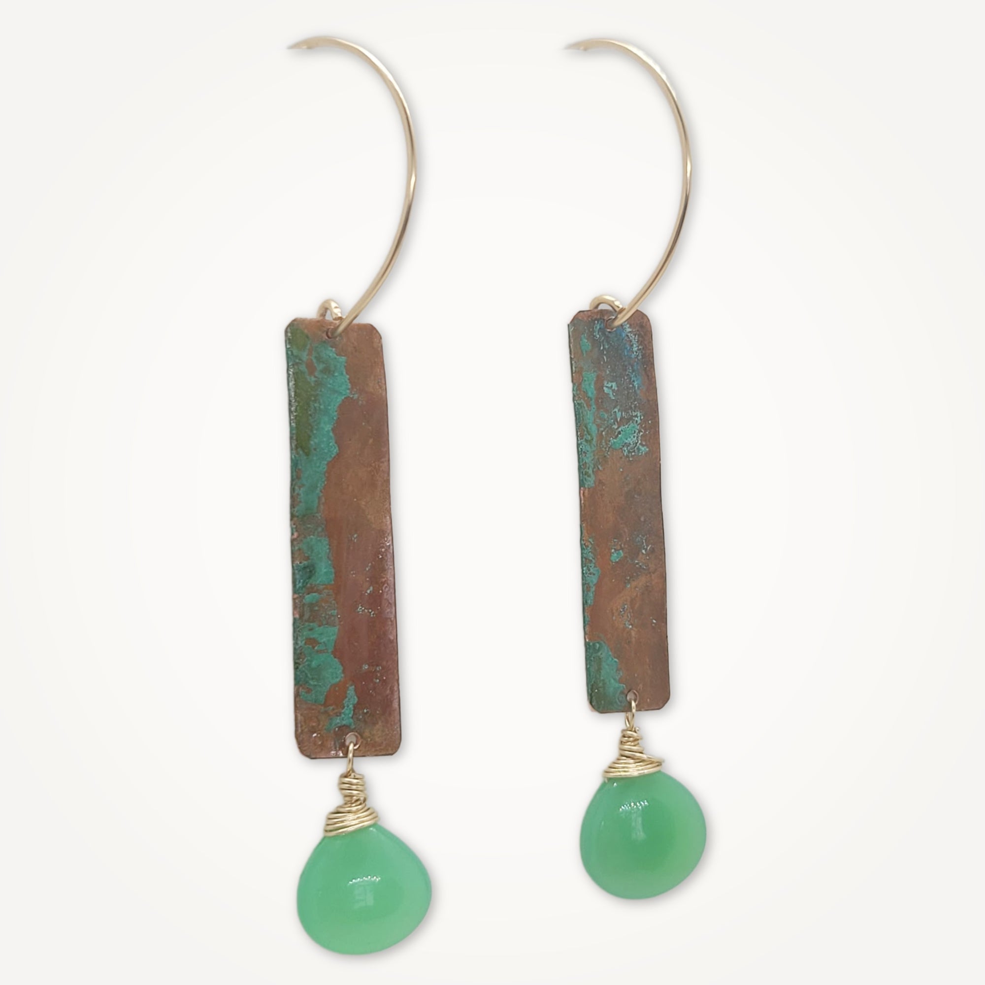 Copper Column Earrings • Green Chalcedony
