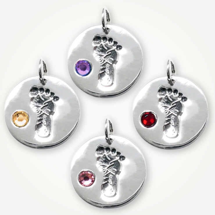 Sterling Silver Baby Footprint Birthstone Charm