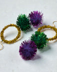 Mardi Gras Earrings Puff Ball Hoop
