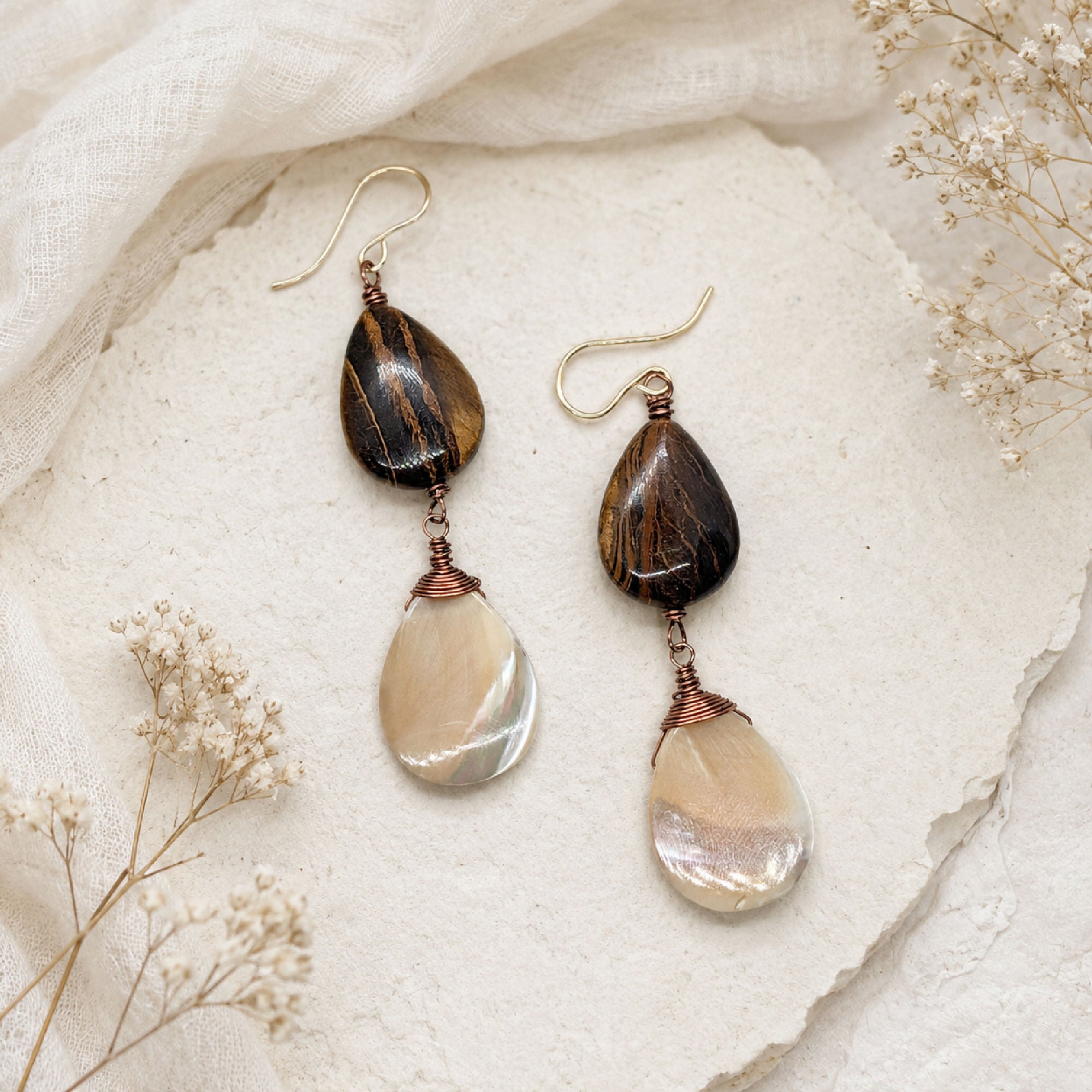 Tiger's Eye Mother of Pearl Earrings