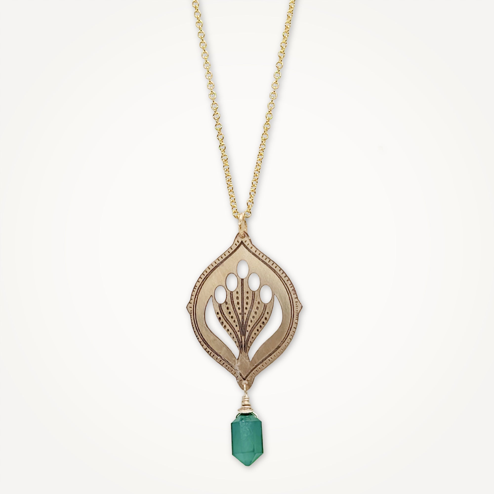 Woodland floral pendant necklace with hex cut green onyx gemstone