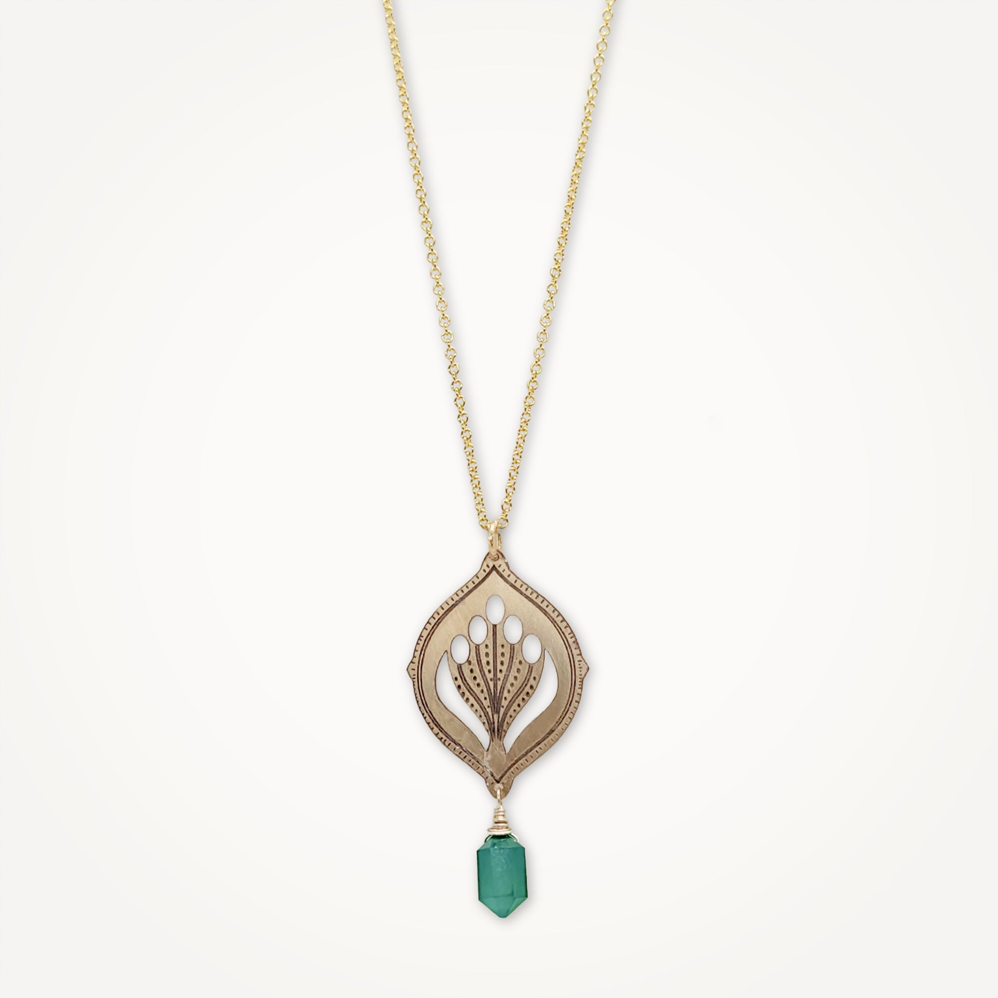 Botanical pendant necklace with hex cut green onyx gemstone