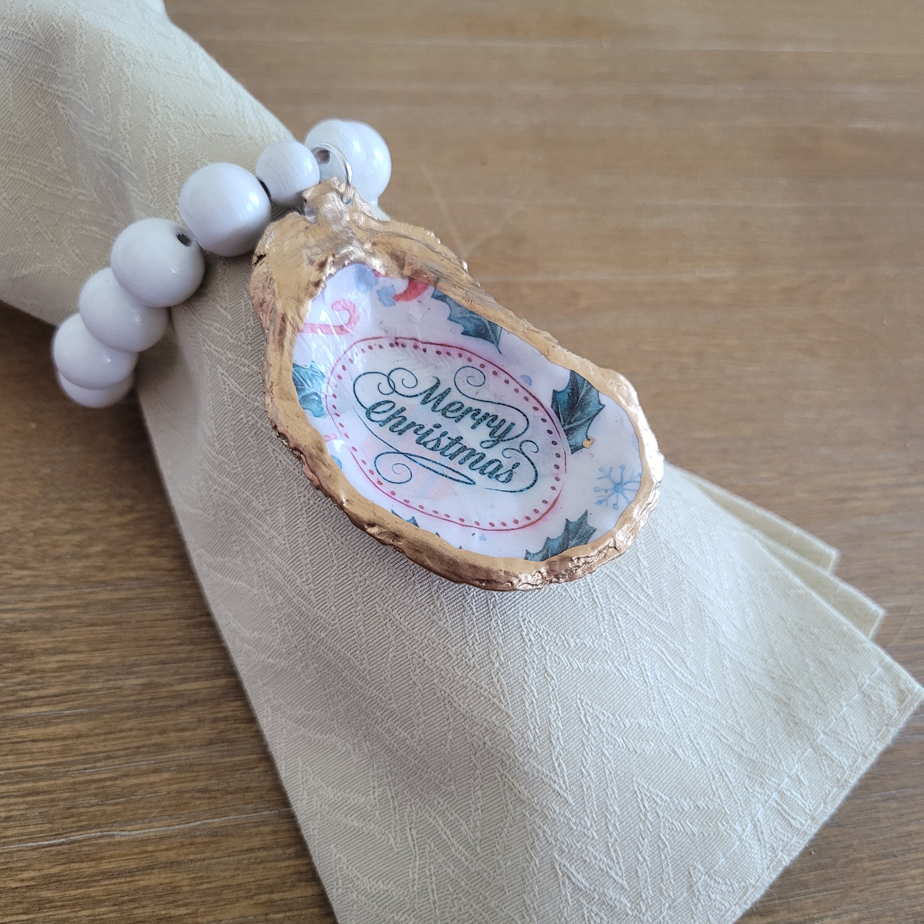 Merry Christmas Oyster Shell • Wine Bottle Charm or Napkin Ring