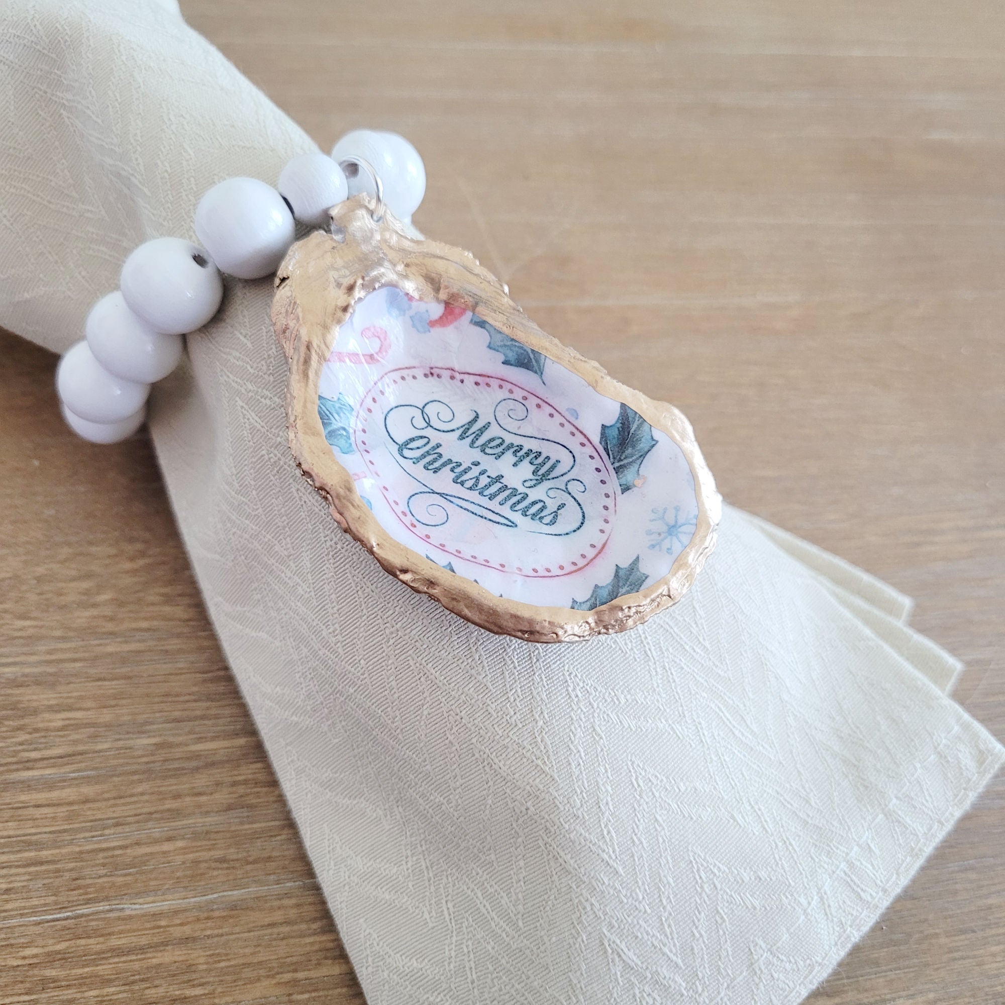 Merry Christmas Oyster Shell • Wine Bottle Charm or Napkin Ring