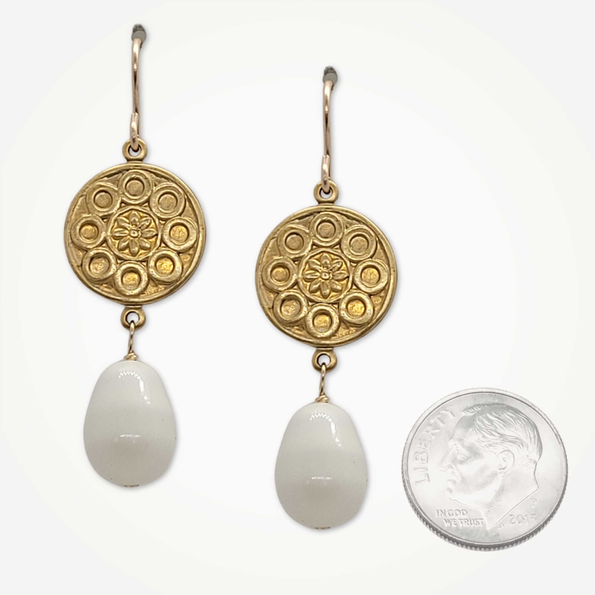 Petite Medallion Earrings •  Teardrop Pearl